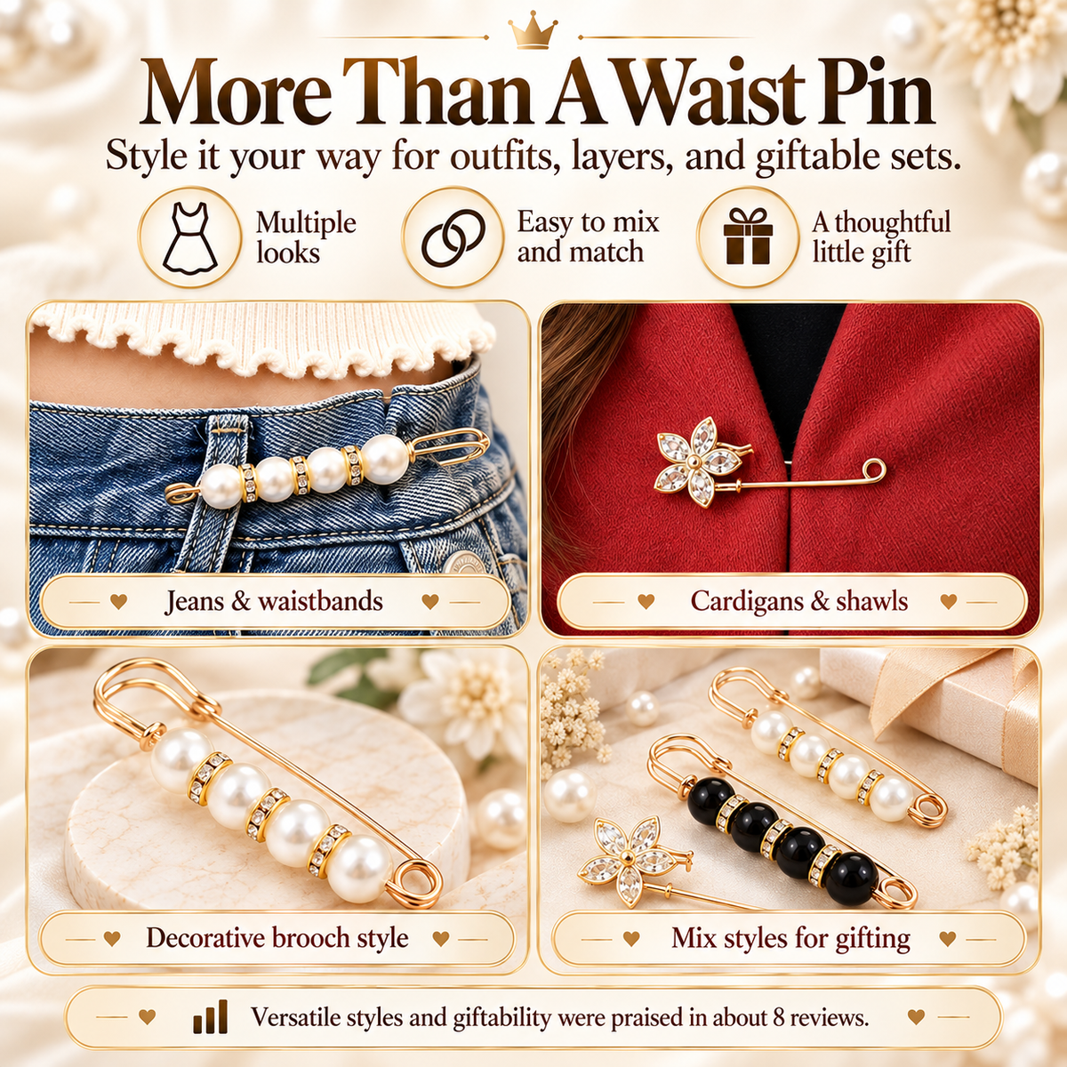🎒 49% OFF NOW! 💎 Pearl No-Sew Waist Adjuster Pin – Instantly Tighten Loose Jeans, Pants & Skirts ✨
